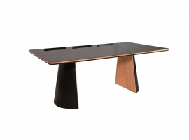 MESA DE JANTAR ATENAS COM TAMPO TIRADENTES LAQUEADO COM VIDRO TRADICAO MOVEIS
