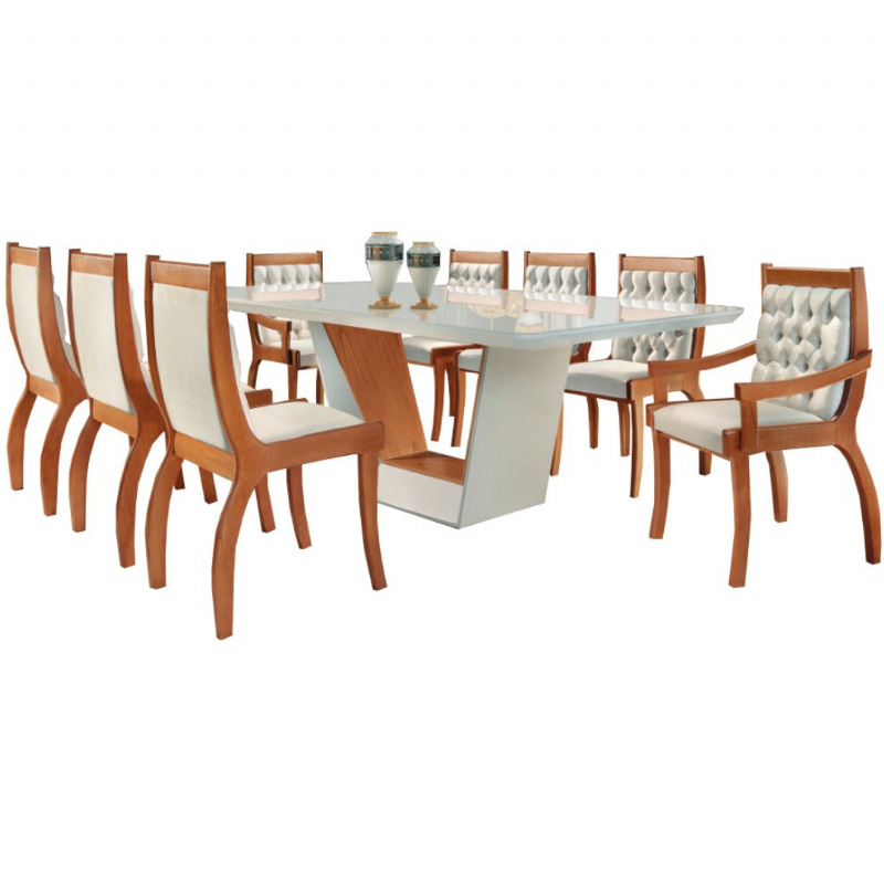 Sala de jantar rubi com 08 cadeiras perla - Mobillare - tampo de vidro 