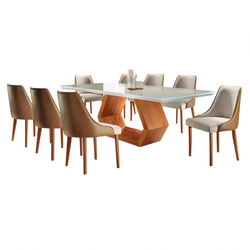 Mesa De Jantar Ane Com Oito Cadeiras Esmeralda - Tampo De Vidro - Mobiliare